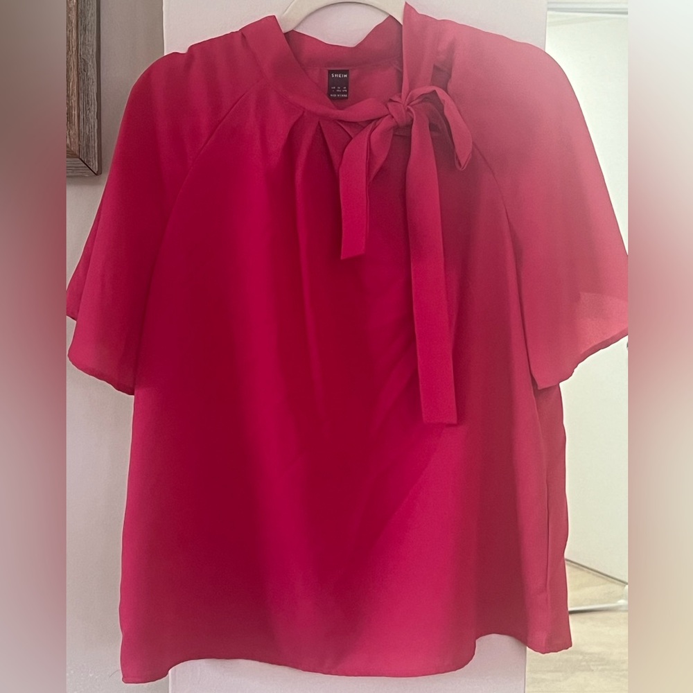 Bright pink scarf neck work blouse